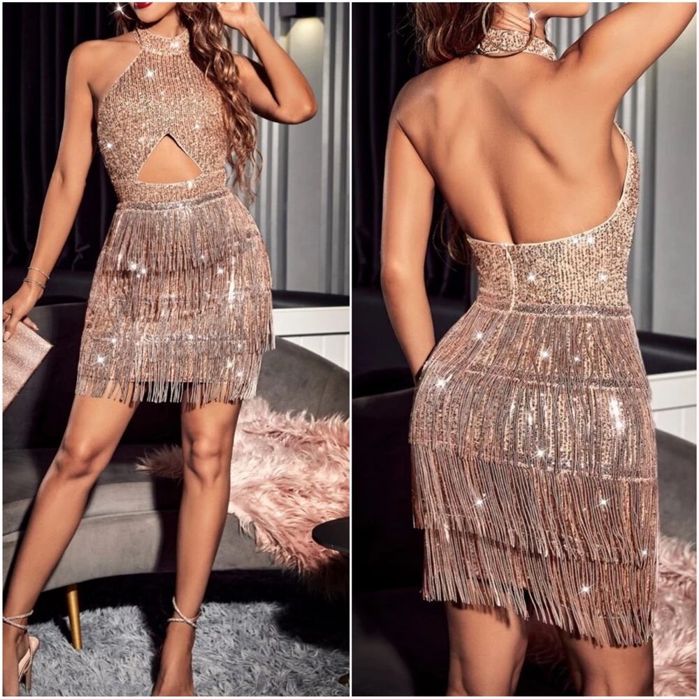 Luxe champagne Sequin Fringe Sexy Bodycon Evening Party halter Dress - Picture 6 of 8